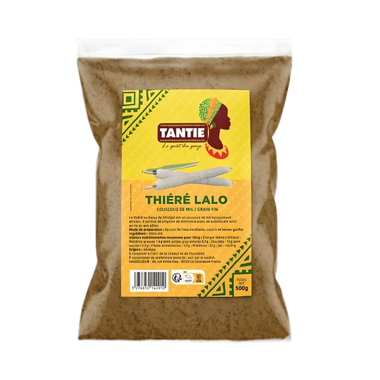 Thiéré Lalo TANTIE - ÉPICERIE SALÉE - NKOSI, couscous de mil en sachet de 500g avec étiquette colorée, idéal pour plats traditionnels africains.