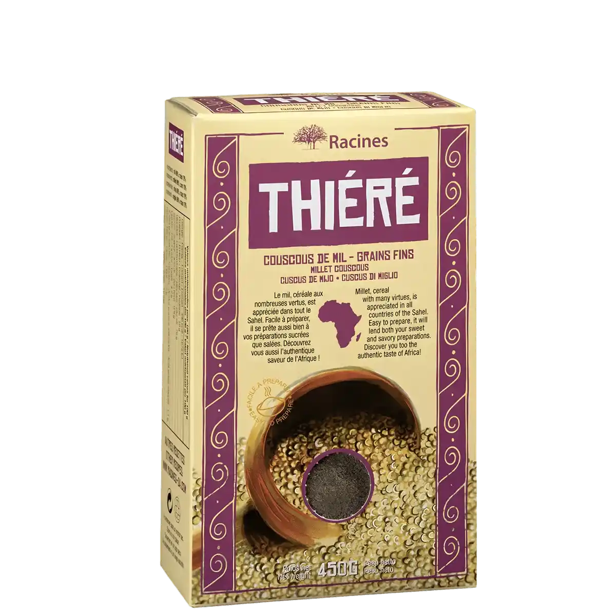 Thiéré RACINES - Saveur Authentique, boîte de couscous de mil grains fins 450g, épicerie salée, herbes et épices africaines.