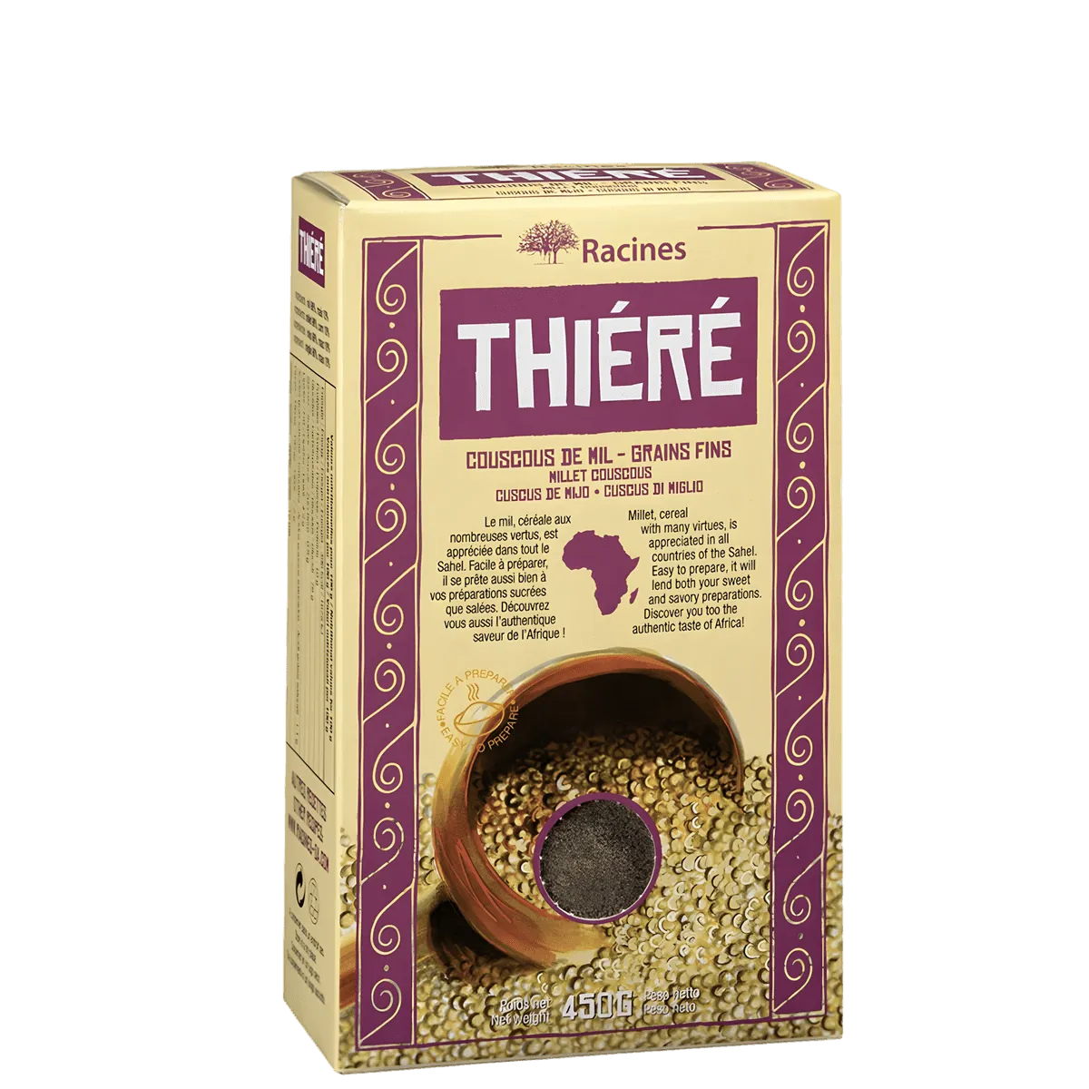 Thiéré RACINES - ÉPICERIE SALÉE - NKOSI, couscous de mil en grains fins dans une boîte de 450g, idéal pour plats traditionnels africains.