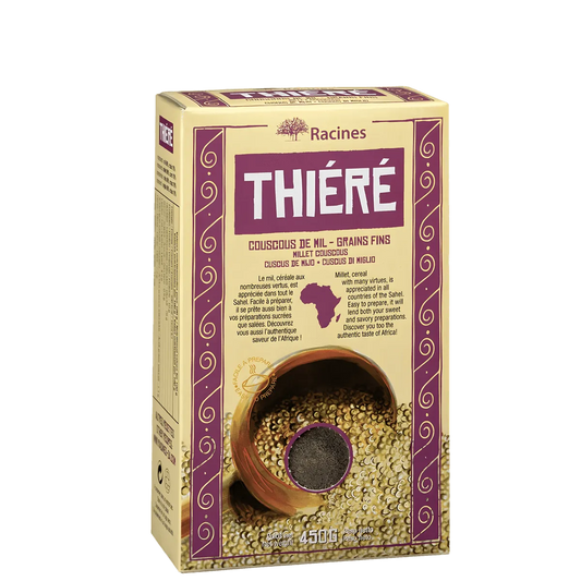 Thiéré RACINES - ÉPICERIE SALÉE - NKOSI, couscous de mil en grains fins dans une boîte de 450g, idéal pour plats traditionnels africains.