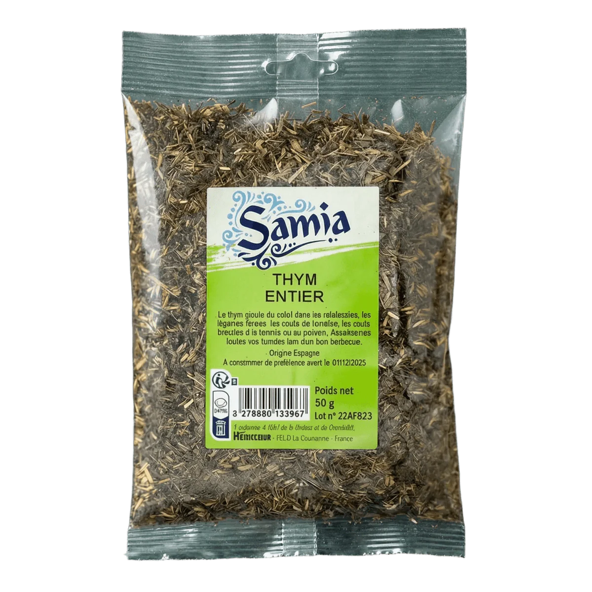 Bolsa de tomillo entero SAMIA (50g), hierbas aromáticas secas, vista en primer plano.