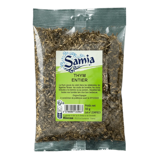 Bolsa de tomillo entero SAMIA (50g), hierbas aromáticas secas, vista en primer plano.