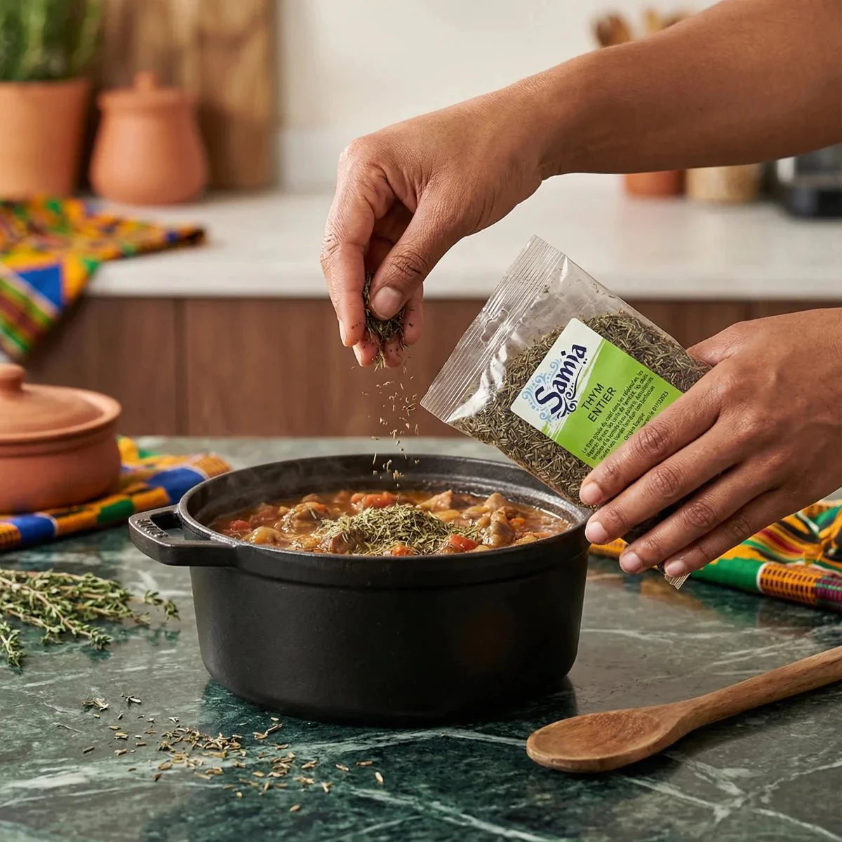 Thym entier Samia ajouté à un plat en sauce. Main tenant un sachet de thym au-dessus d'une cocotte.