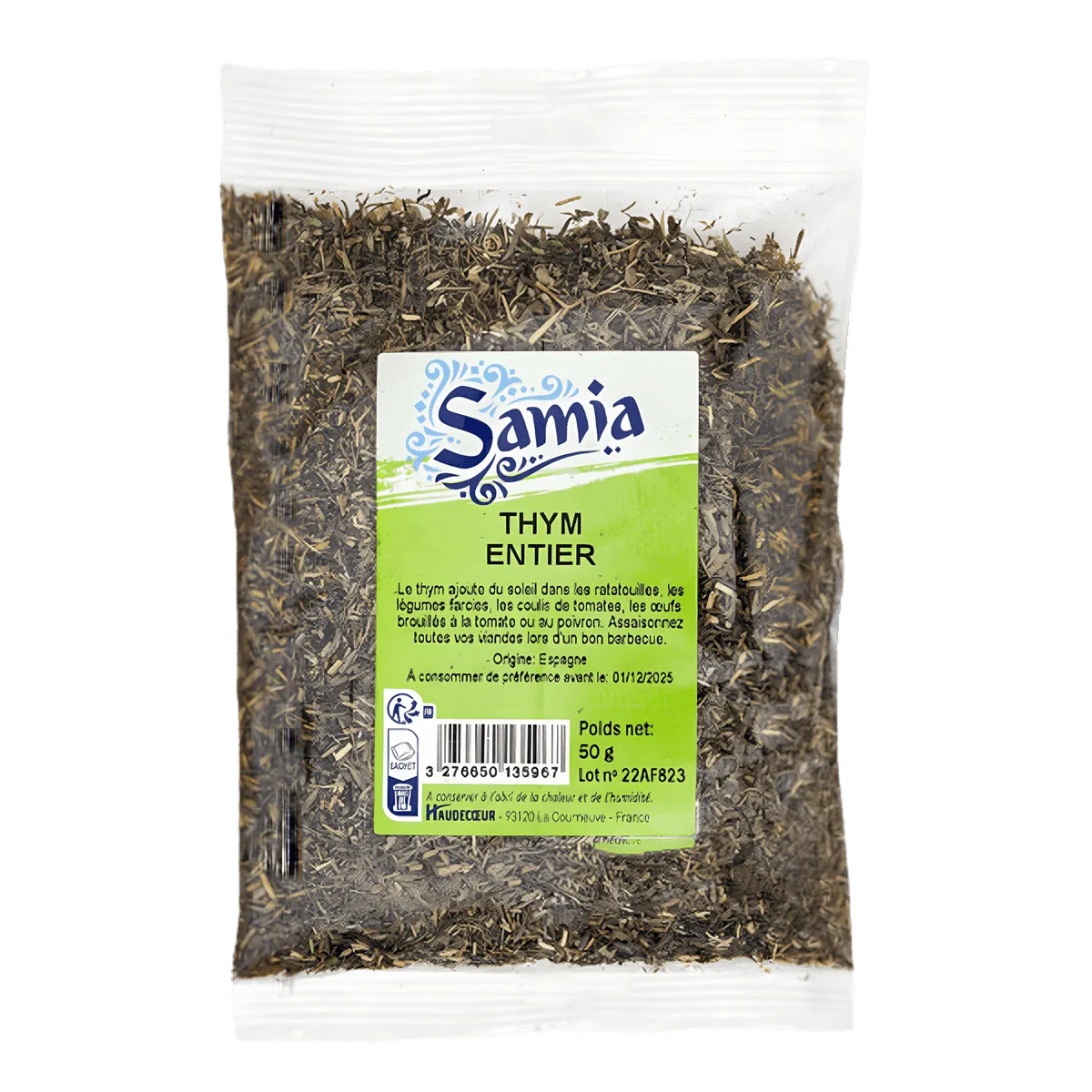 Thym entier SAMIA en sachet de 50g, herbe aromatique séchée pour cuisine méditerranéenne, ÉPICERIE SALÉE - NKOSI.