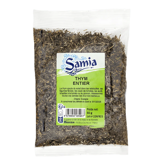 Thym entier SAMIA en sachet de 50g, herbe aromatique séchée pour cuisine méditerranéenne, ÉPICERIE SALÉE - NKOSI.