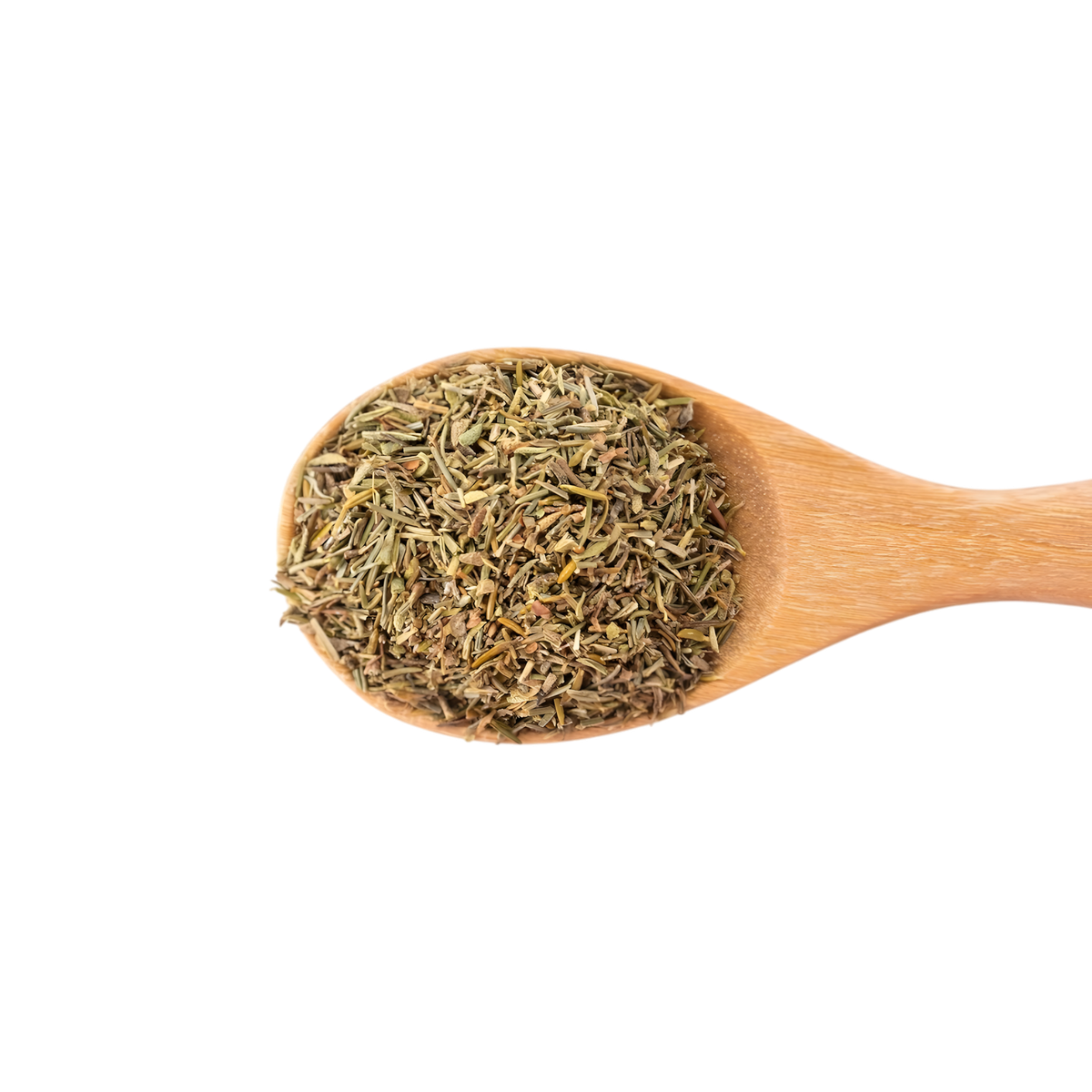 Cuillère en bois remplie de thym entier SAMIA, herbe séchée aux feuilles vert foncé pour assaisonnement, ÉPICERIE SALÉE - NKOSI.
