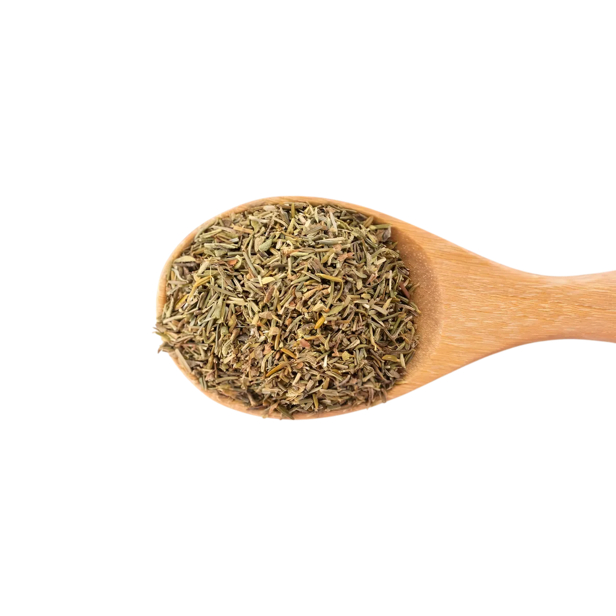 Cuillère en bois remplie de thym entier SAMIA, herbe séchée aux feuilles vert foncé pour assaisonnement, ÉPICERIE SALÉE - NKOSI.