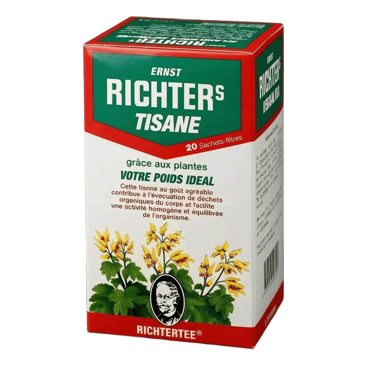 Pakket Richter Rhubarb kruidenthee, close-up, groene verpakking.