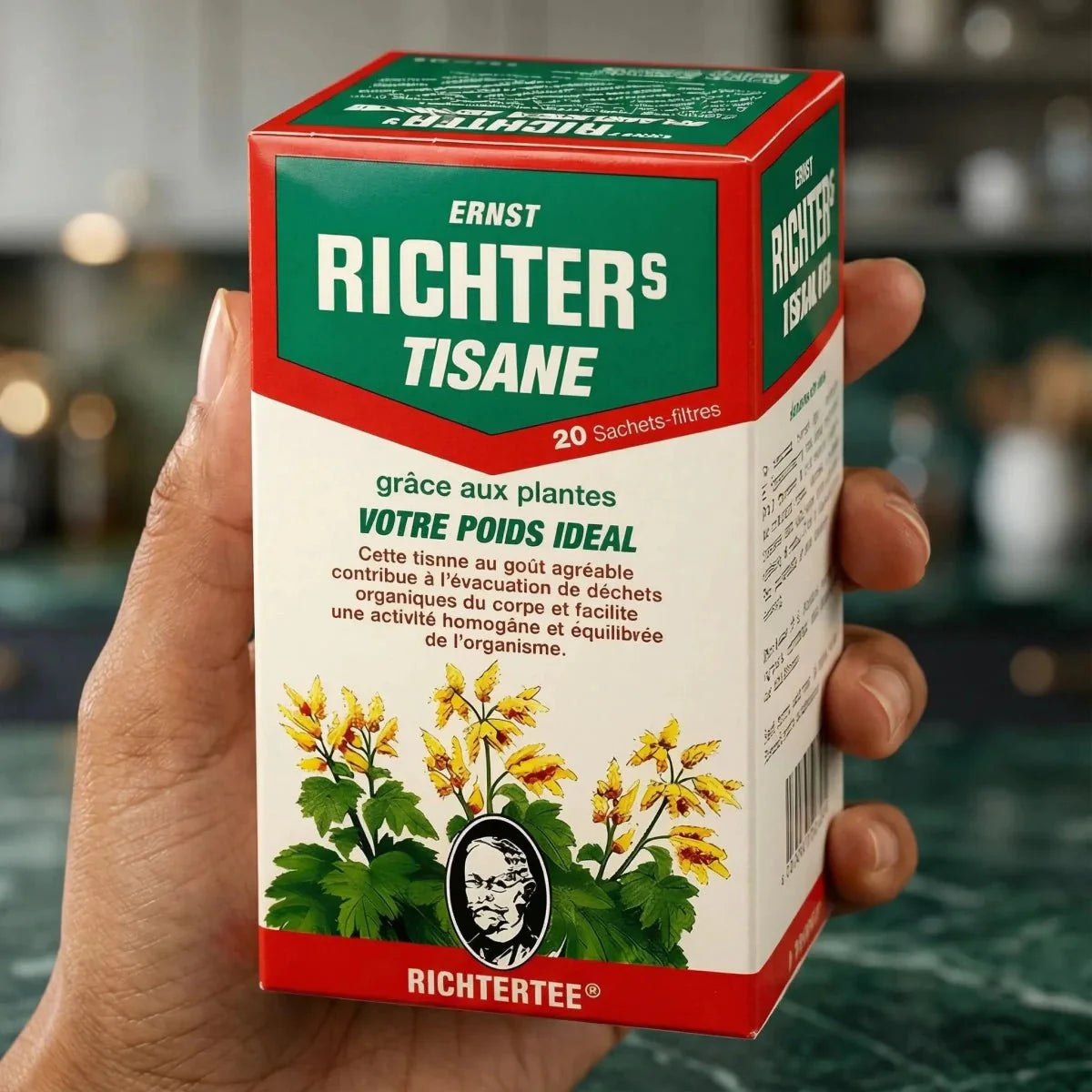 Rabarberthee van RICHTER, verpakt in 20 filterzakjes.