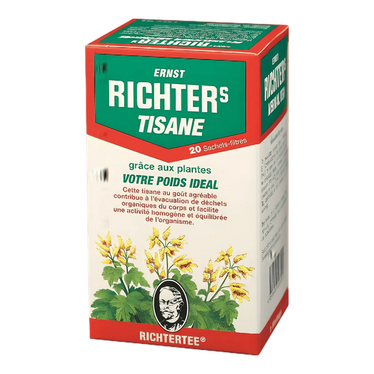 Boîte de tisane à la rhubarbe RICHTER avec 20 sachets, idéale pour une infusion bien-être. Produit THÉ, INFUSIONS, CAFÉ - NKOSI.
