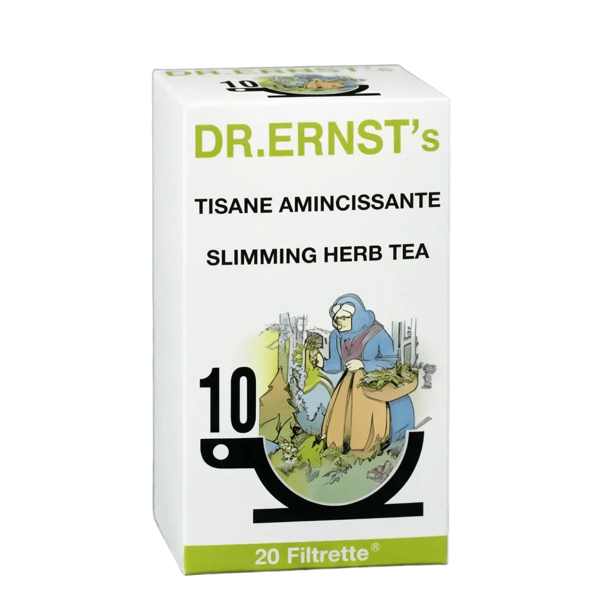 Afslankende kruidenthee DR ERNST, 55g. Illustratie van een vrouw die kruiden plukt, kenmerkend logo.