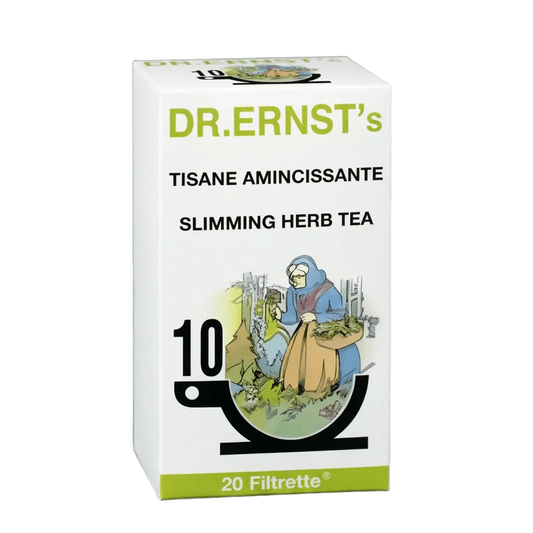 Afslankende kruidenthee DR ERNST, 55g. Illustratie van een vrouw die kruiden plukt, kenmerkend logo.