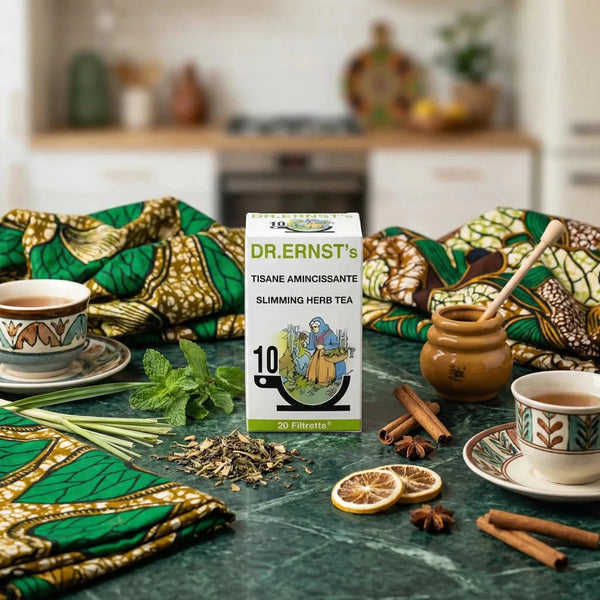 Tisane Amincissante DR ERNST. Pack de thé sur table avec tasses, herbes, miel.