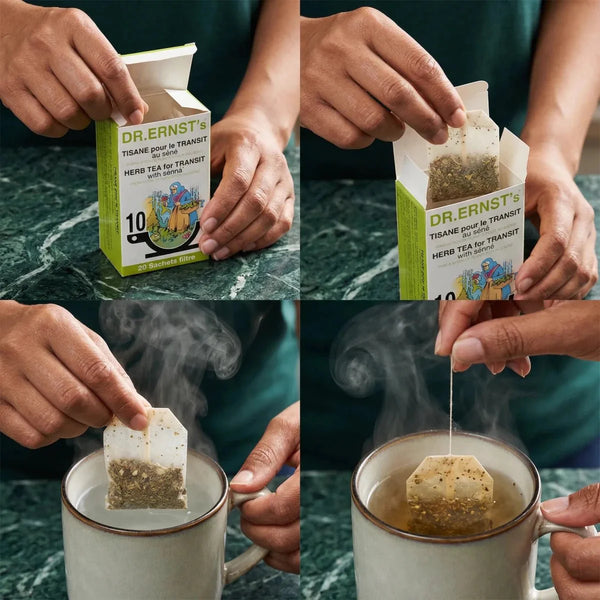 Tisane DR ERNST'S Transit au séné : étapes de préparation d'une tasse de thé. La boîte.