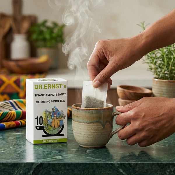 Main saisissant un sachet de tisane Amincissante DR ERNST dans une tasse fumante.