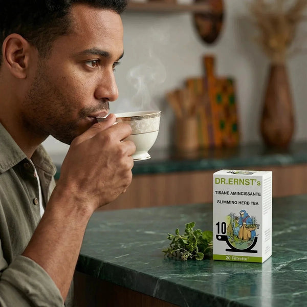 Tisane amincissante de Dr. Ernst, présentée avec une petite plante verte à côté sur un comptoir.