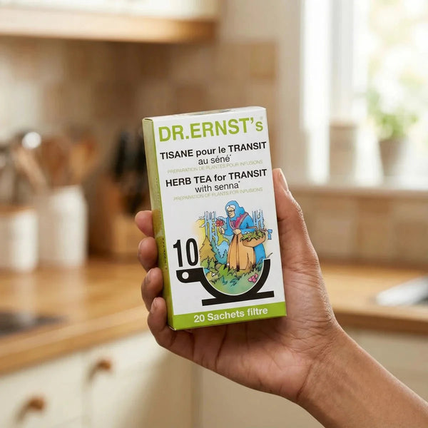 Tisane pour le transit au séné de DR.ERNST's, dans son emballage vert et blanc, avec un dessin naïf.
