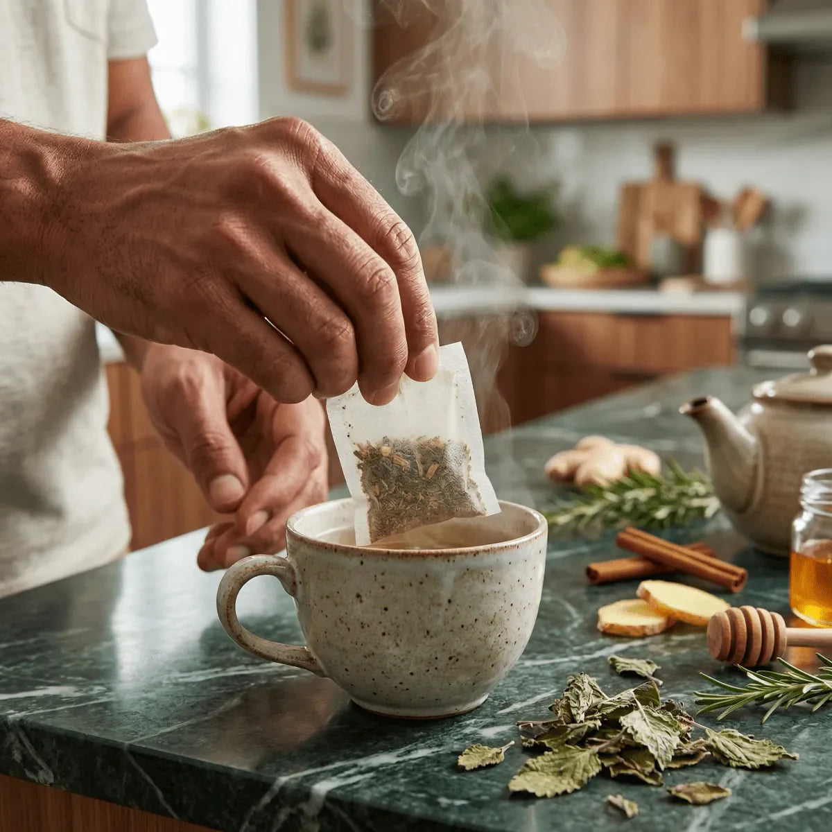 Tisane Circulatie DR ERNST'S: een hand dompelt een theezakje in een dampende kop.