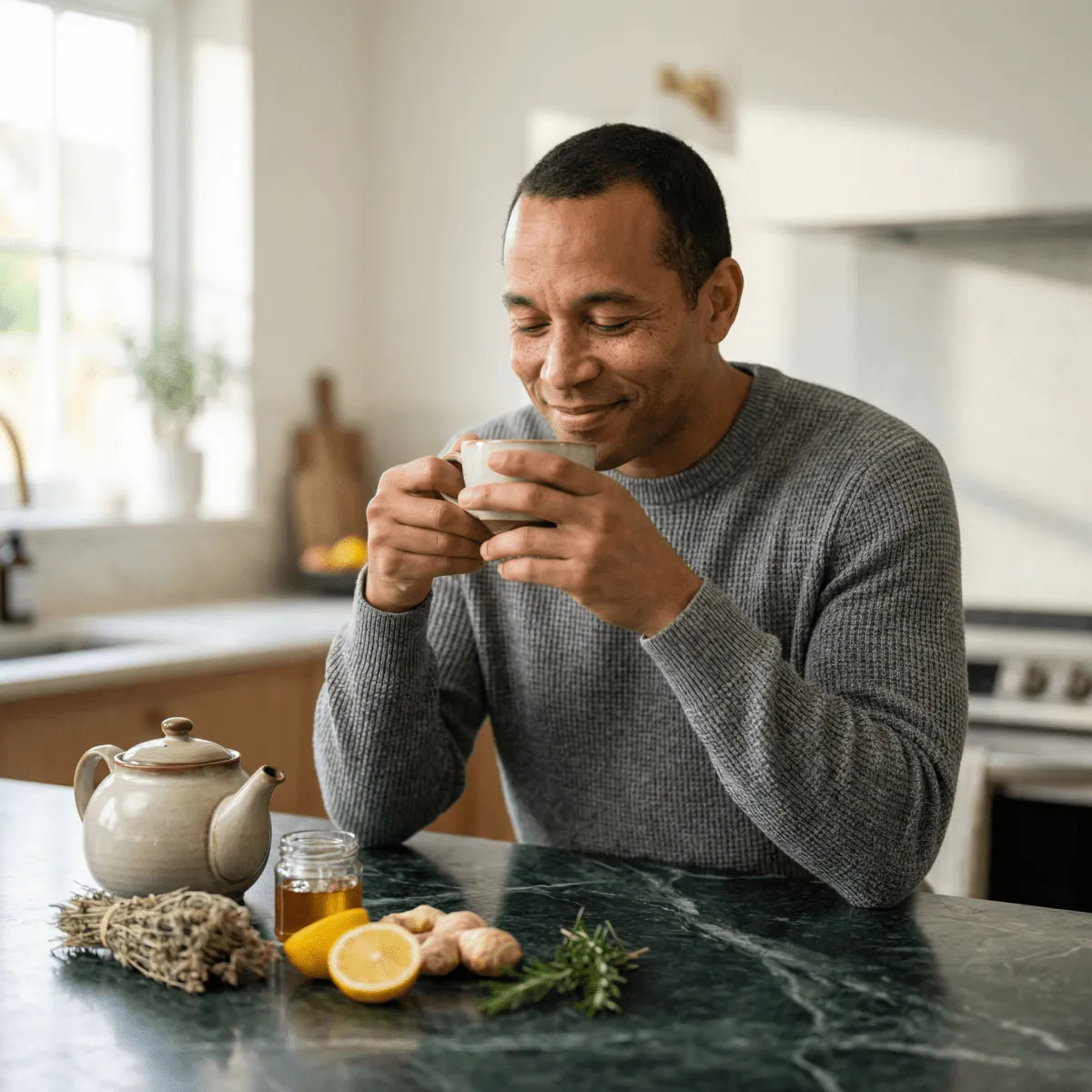 Tisane Circulatie DR ERNST'S: glimlachende man die geniet van een kopje thee, met theepot, honing.