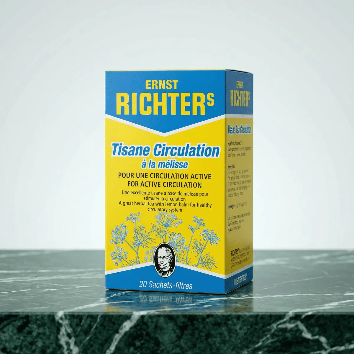 Kruidenthee voor de bloedsomloop met citroenmelisse van Ernst Richter's, in geel-blauwe verpakking.