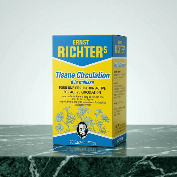 Kräutertee für die Durchblutung mit Melisse von Ernst Richter's, in gelber und blauer Verpackung.