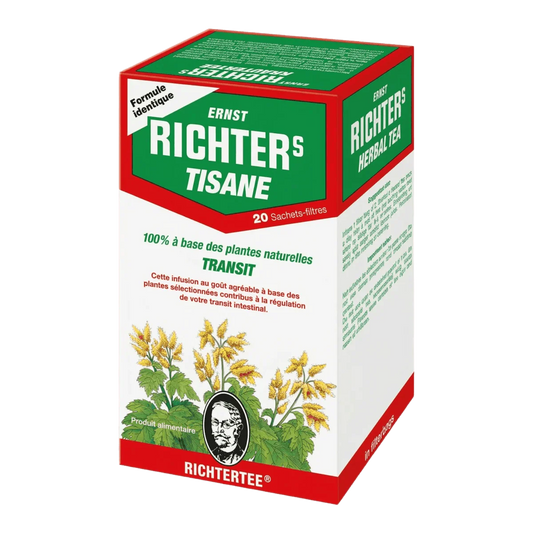 Transit kruidenthee doos van RICHETER, met bloemen en portret van de oprichter.