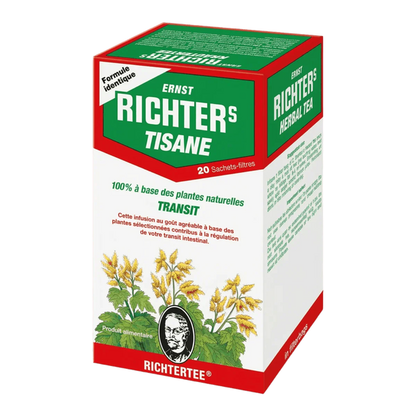 Boîte de tisane Transit de RICHETER, avec fleurs et portrait du fondateur.