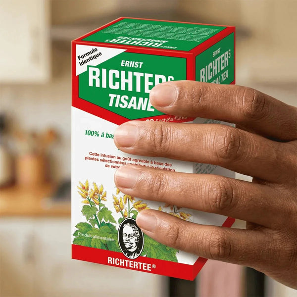 Tisane Transit par RICHTER, en emballage rouge et vert, avec des illustrations botaniques.
