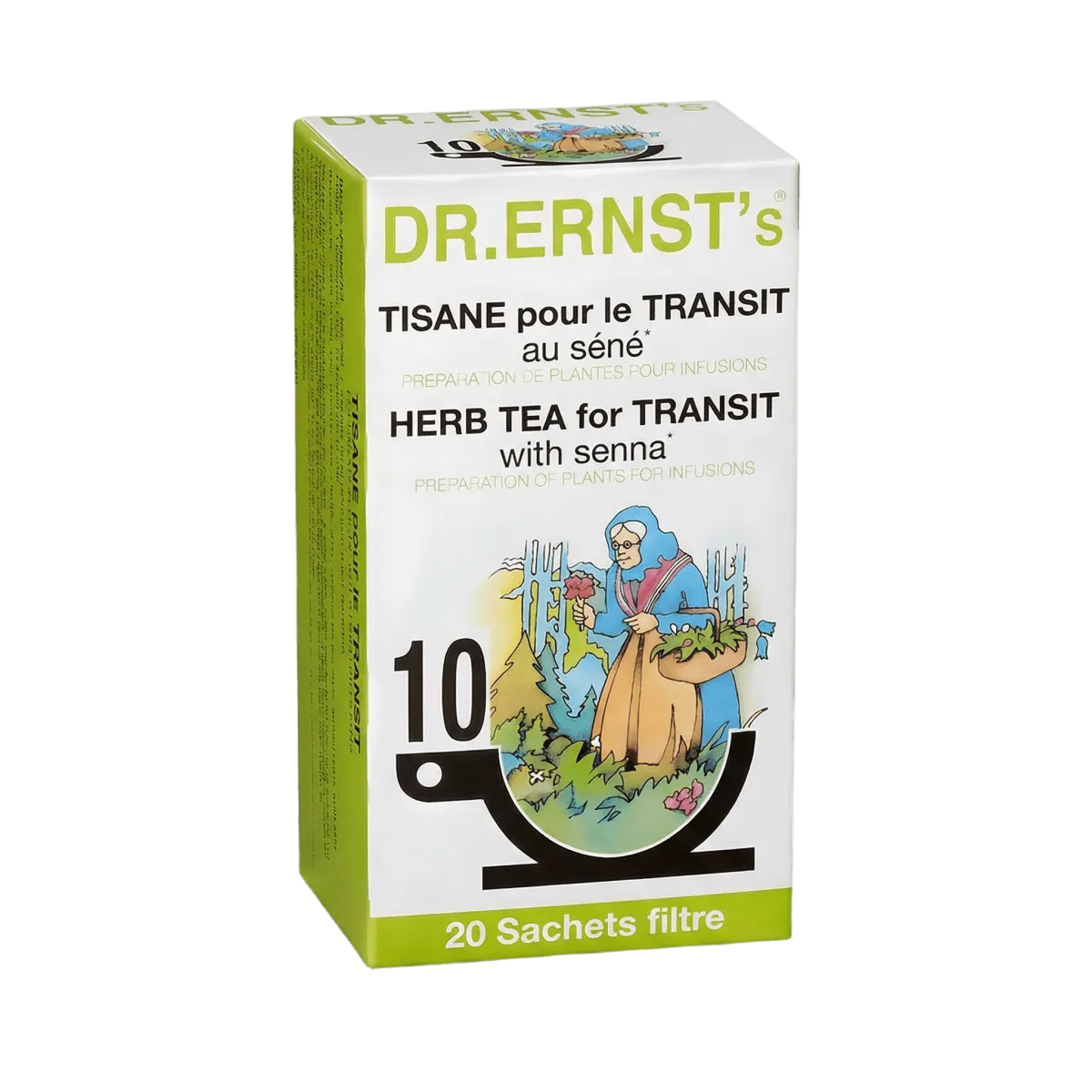 Doos Transit DR ERNST'S kruidenthee, met een illustratie van een grootmoeder in een landelijke omgeving.