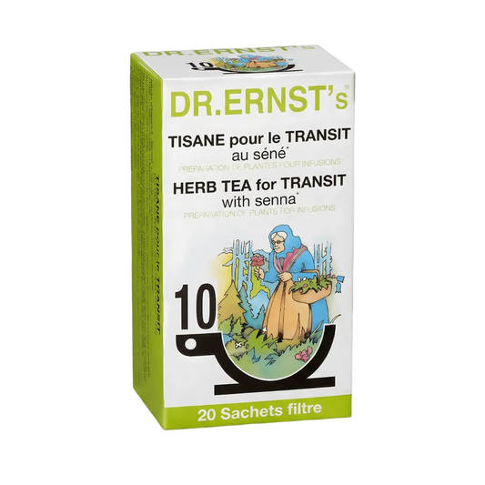 Doos Transit DR ERNST'S kruidenthee, met een illustratie van een grootmoeder in een landelijke omgeving.