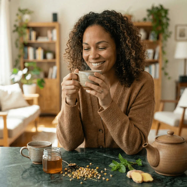 Tisane Transit DR ERNST'S. Femme souriante avec tasse de thé, ingrédients naturels (gingembre.