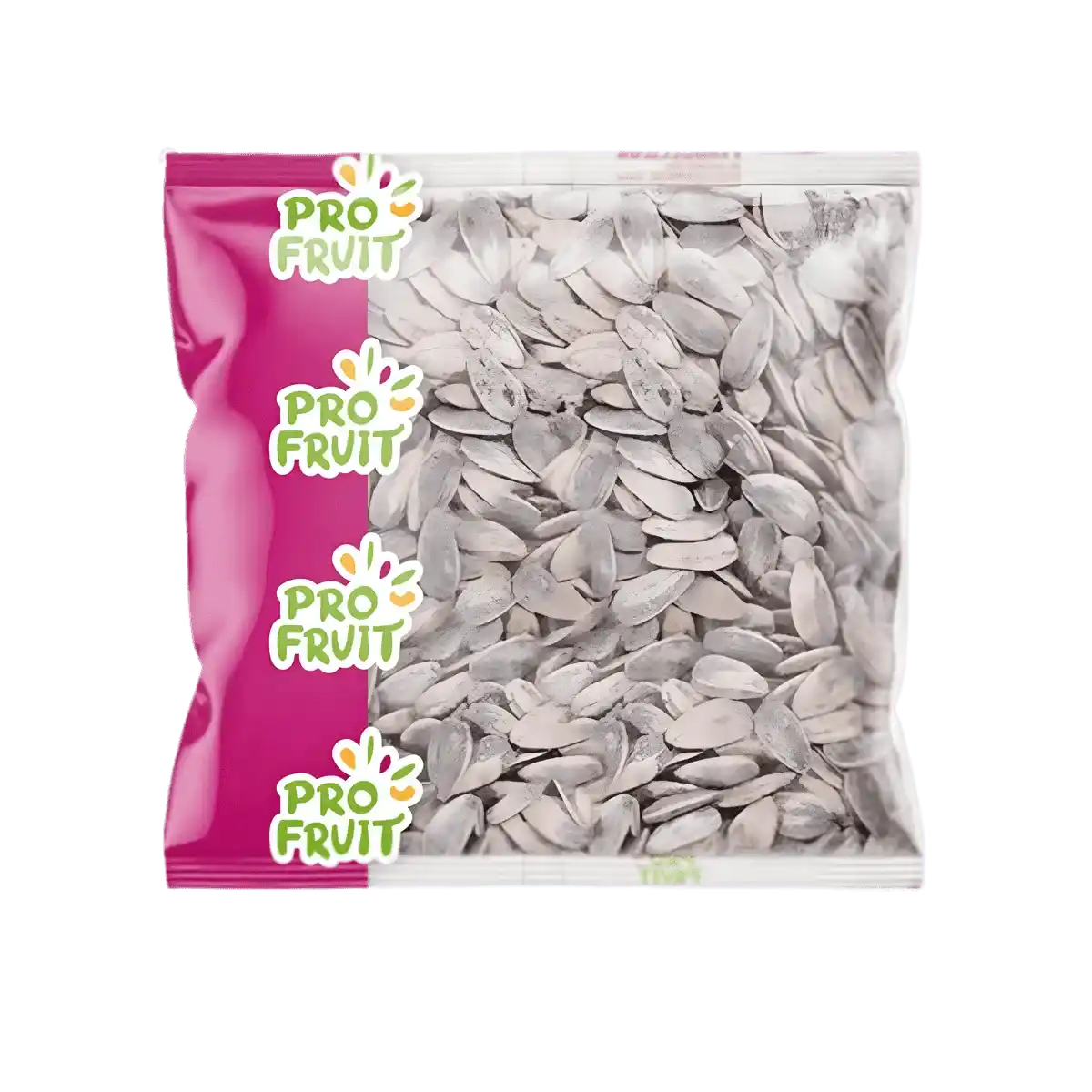 Tournesols grillés PROFRUIT en sachet transparent avec logo rose, graines croquantes idéales pour snack sain ou salade.