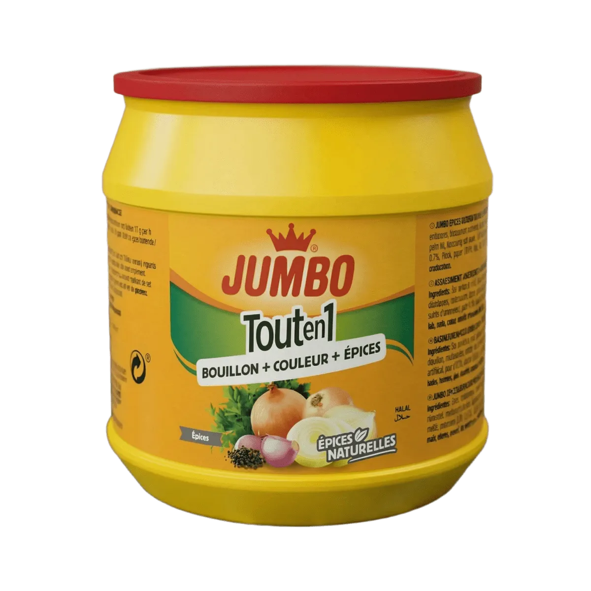 Épices Tout en 1 par JUMBO, dans un pot jaune avec couvercle rouge.
