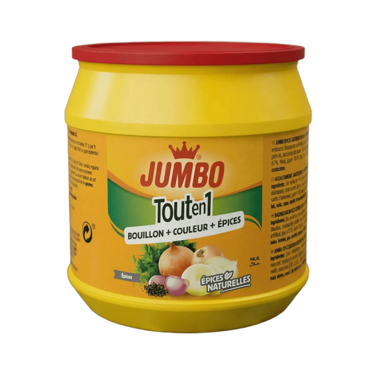 Épices Tout en 1 par JUMBO, dans un pot jaune avec couvercle rouge.
