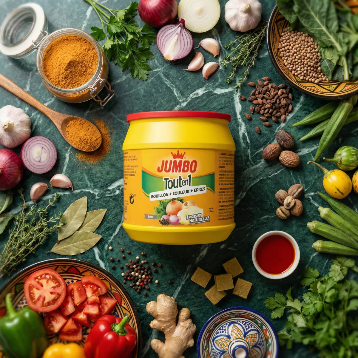 JUMBO Alles-in-1 Gewürze (500g) umgeben von frischen Kräutern, Gewürzen und Gemüse. Kulinarische Inszenierung.