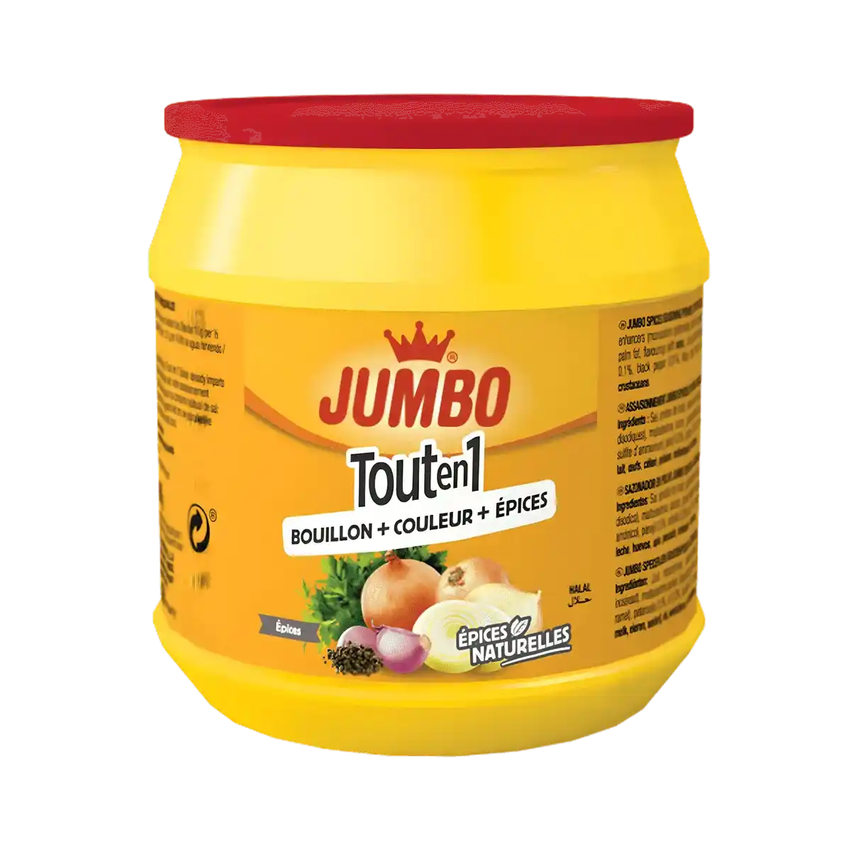 Tout en 1 Epices JUMBO - mélange d'épices naturelles en pot jaune, idéal pour rehausser le goût des plats salés. Parfait pour l'épicerie salée.