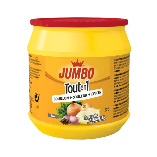 Tout en 1 Epices JUMBO - ÉPICERIE SALÉE - NKOSI, pot jaune d'assaisonnement multifonction avec oignon, ail et épices naturelles.