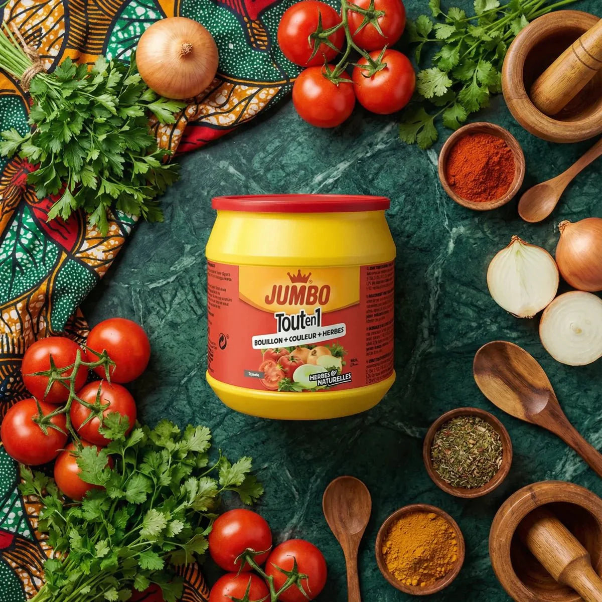 Colorful culinary scene with Tout en 1 Tomato JUMBO (500g) pot, tomatoes, onions, spices.