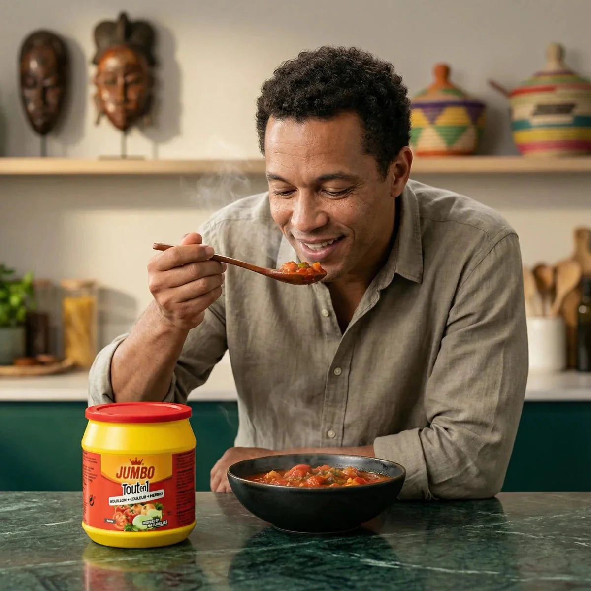 JUMBO All-in-1 Tomato, 500g. Man tasting tomato soup.