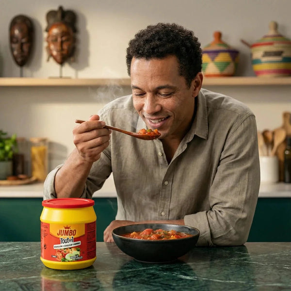JUMBO All-in-1 Tomato, 500g. Man tasting tomato soup.
