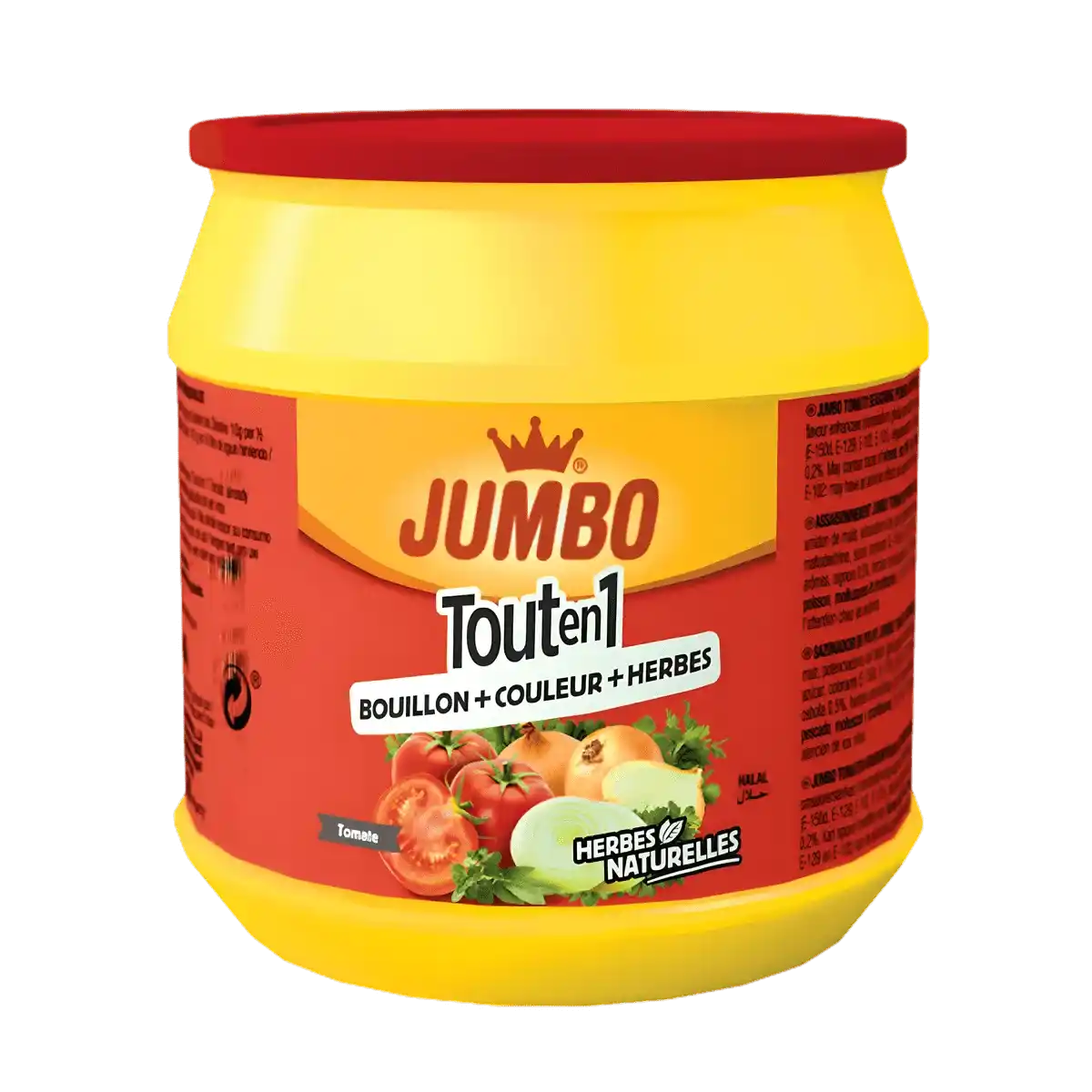 Tout en 1 Tomate JUMBO - Assaisonnement polyvalent en pot jaune et rouge, enrichi en tomates et herbes naturelles pour plats mijotés.