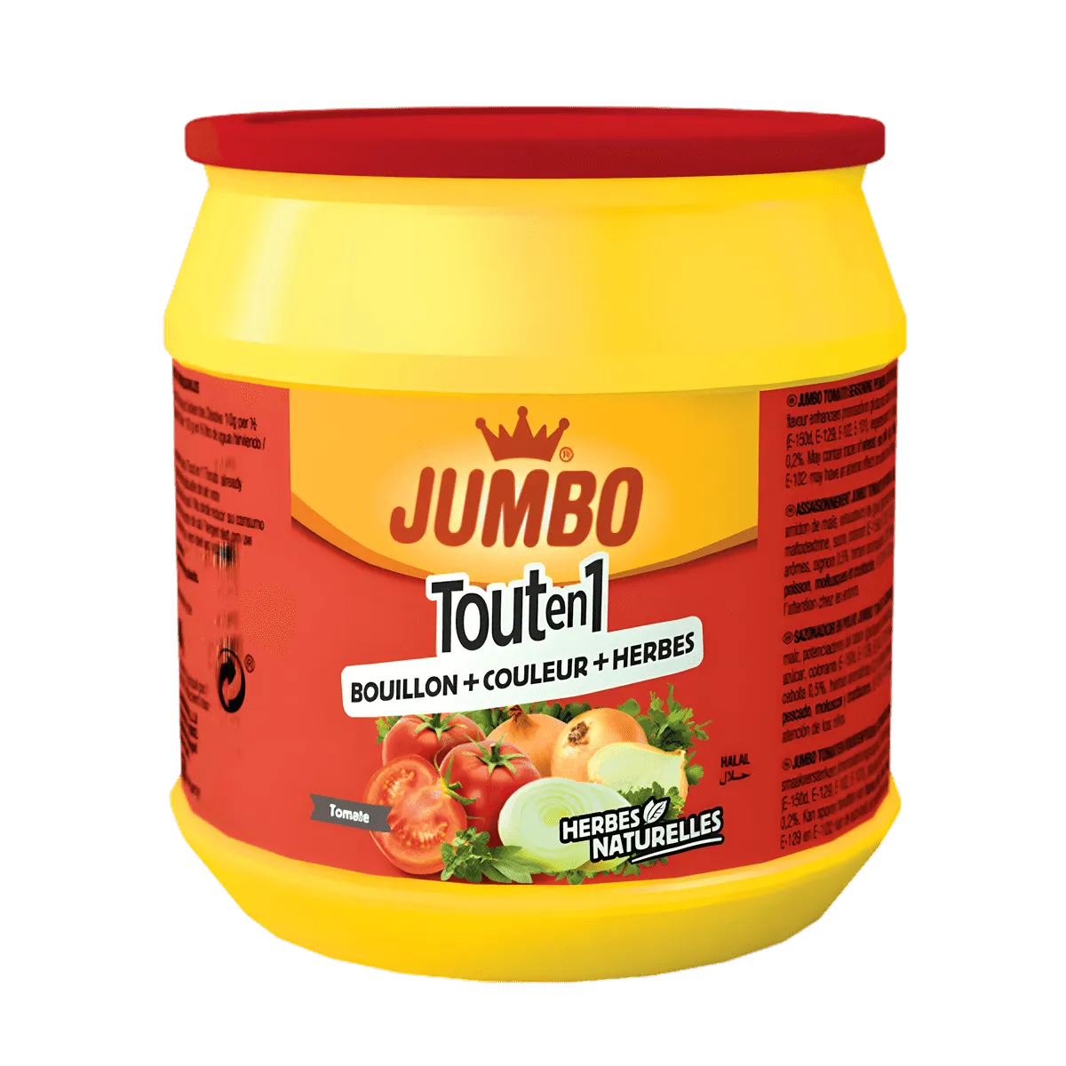 Tout en 1 Tomate JUMBO - ÉPICERIE SALÉE - NKOSI, pot d'assaisonnement rouge et jaune avec tomates, oignons et herbes naturelles illustrés.