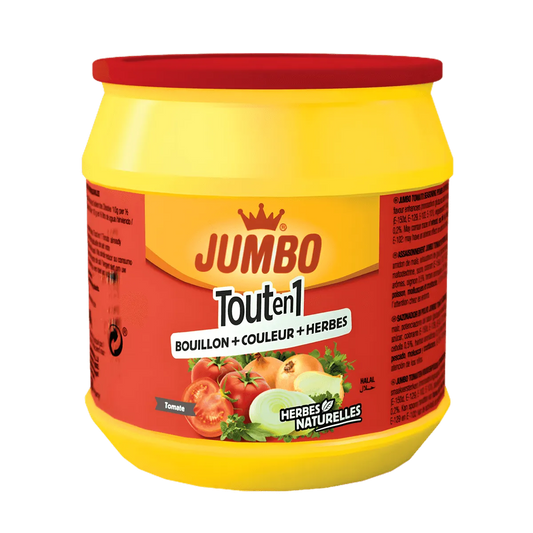 Tout en 1 Tomate JUMBO - ÉPICERIE SALÉE - NKOSI, pot d'assaisonnement rouge et jaune avec tomates, oignons et herbes naturelles illustrés.