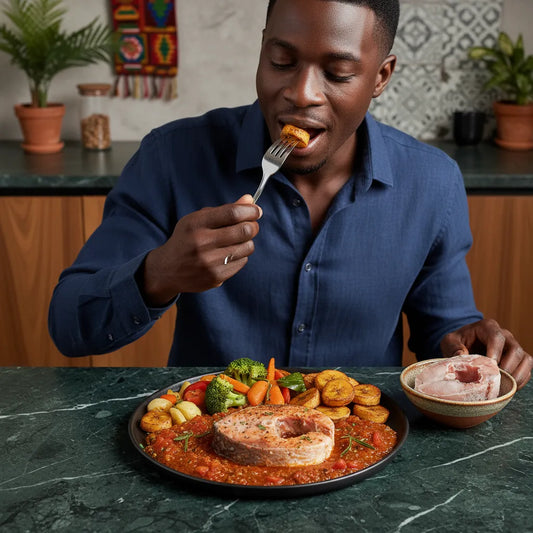 Assiette de darne de mérou cuisinée avec légumes et sauce tomate, mettant en valeur sa texture ferme et son goût délicat.