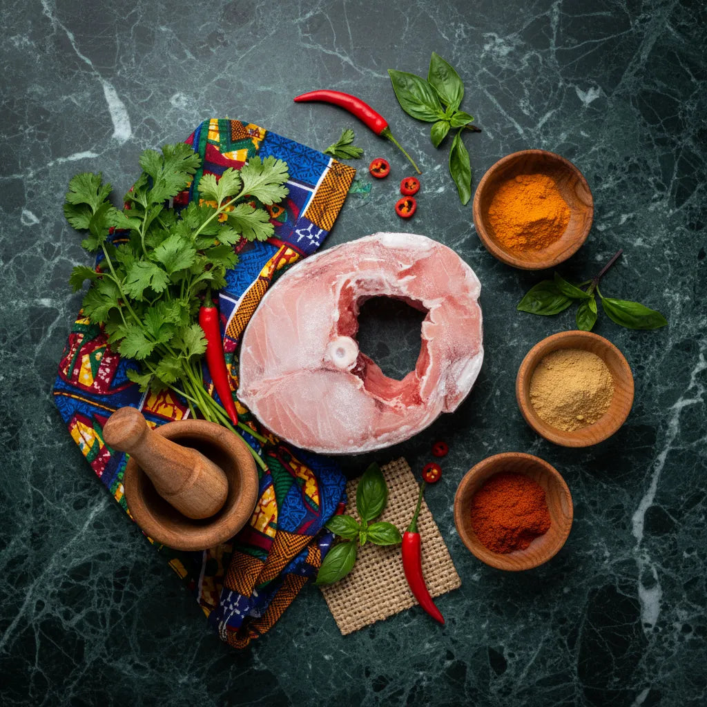 Darne de mérou crue entourée d'épices, piments et herbes fraîches, parfaite pour préparation de recettes exotiques et savoureuses.