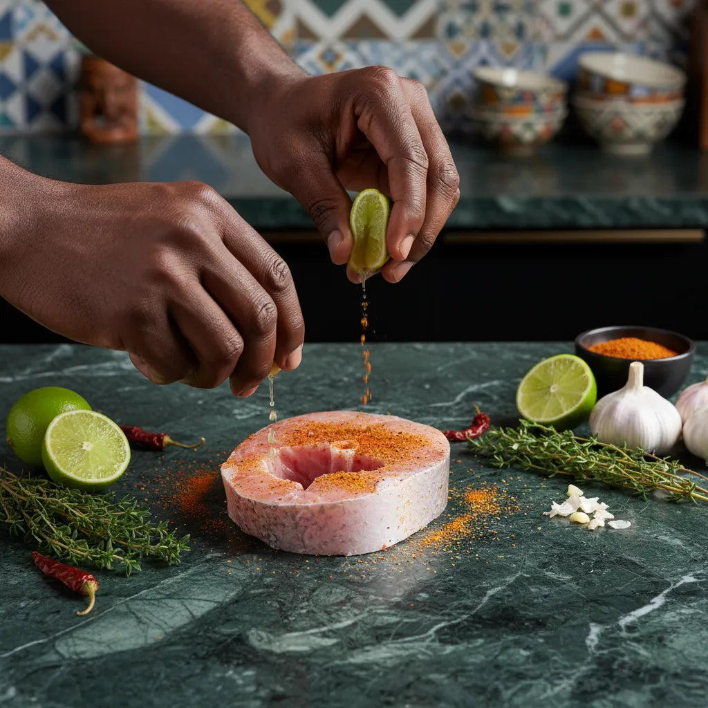 Préparation d'une darne de mérou avec citron vert et épices, soulignant sa fraîcheur et sa polyvalence culinaire.