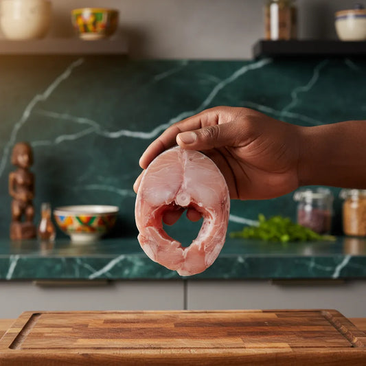 Main tenant une darne de mérou fraîche dans une cuisine, illustrant la qualité du poisson pour une cuisine maison authentique.