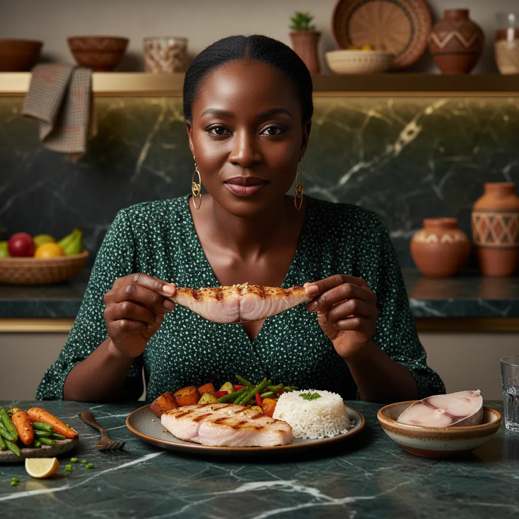 Femme dégustant un plat cuisiné à base de darnes dorade coryphène surgelées, accompagnées de légumes et riz, repas équilibré et gourmand.