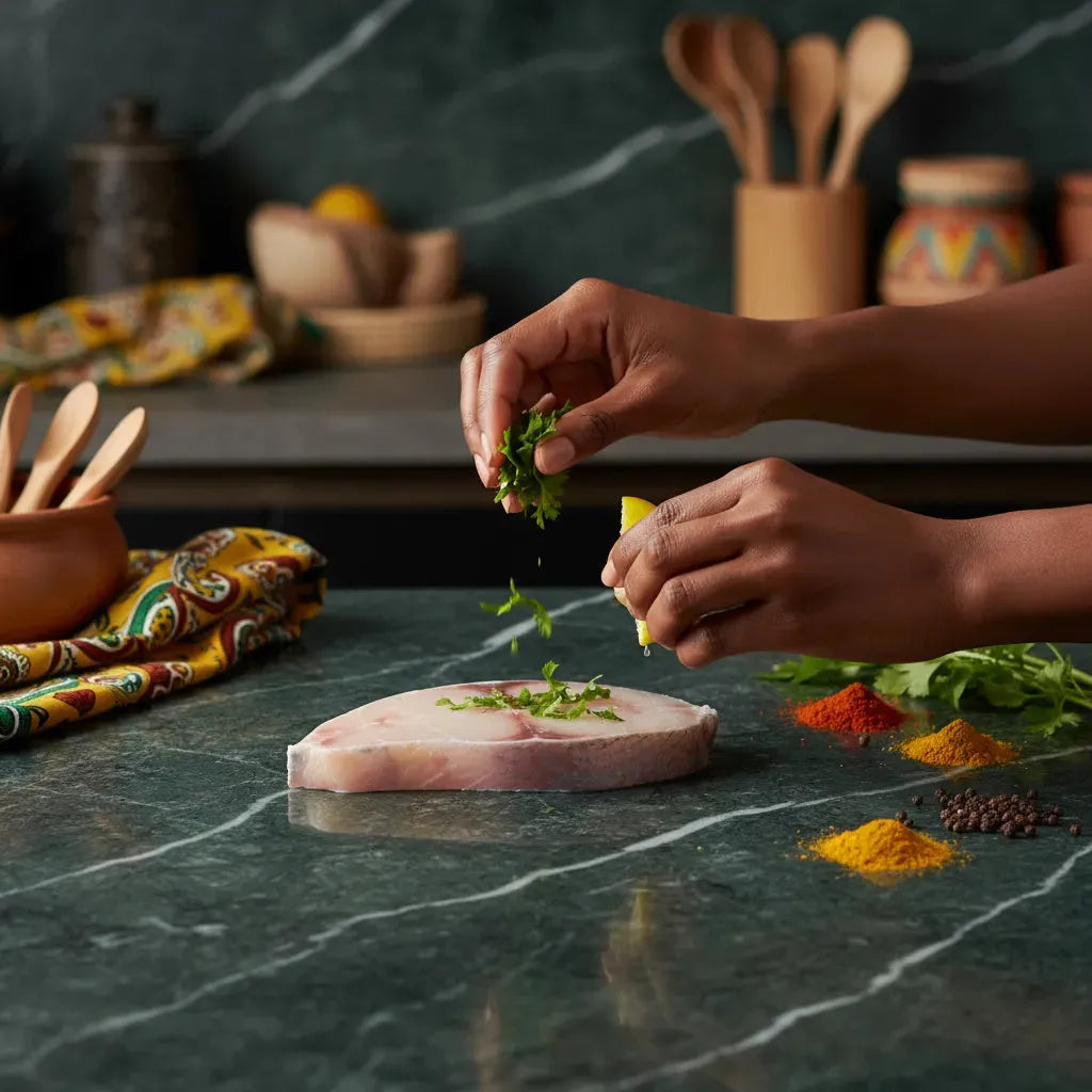 Darne de thon - Frais et nutritif assaisonnée avec des herbes fraîches et épices, parfaite pour une préparation culinaire savoureuse et saine.