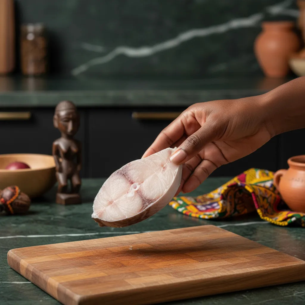 Main tenant une darne de dorade coryphène surgelée dans une cuisine, parfaite pour préparer un plat de poisson savoureux et sain.